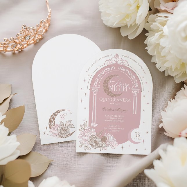 Elegant Pink Florals Moon Stars Tiara Quinceañera Einladung (Elegant Pink Florals Moon Stars Tiara Quinceañera Invitation)