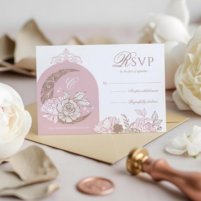 Elegant Pink Florals Moon Stars Tiara Quinceañera RSVP Karte (Elegant Pink Florals Moon Stars Tiara Quinceañera RSVP Card)