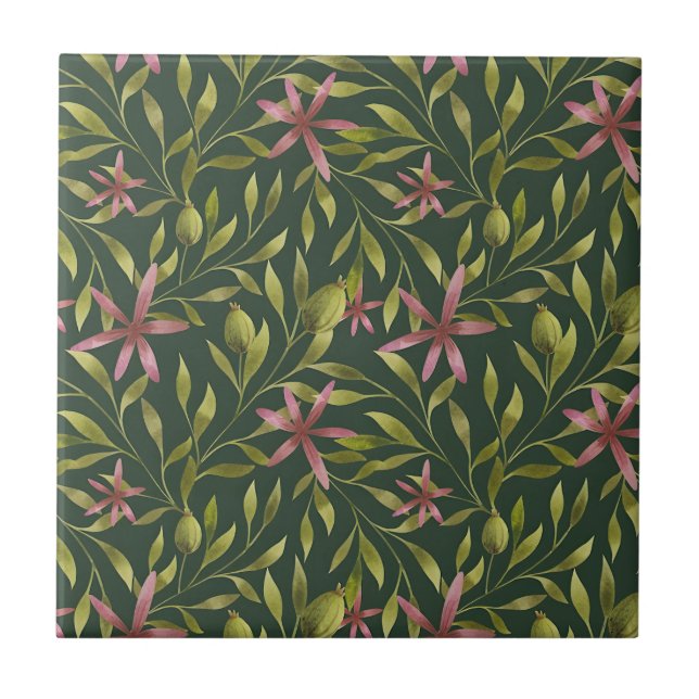 Elegant Pink Flower Pattern on Dark Background Fliese (Vorderseite)