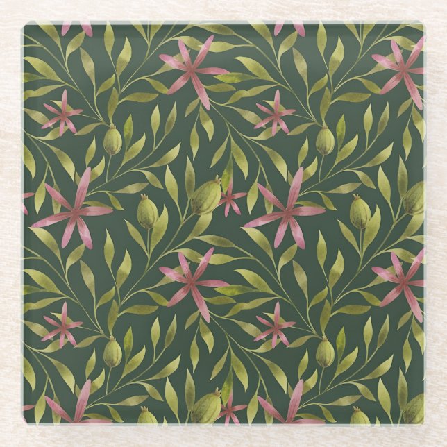 Elegant Pink Flower Pattern on Dark Background Glasuntersetzer (Vorderseite)