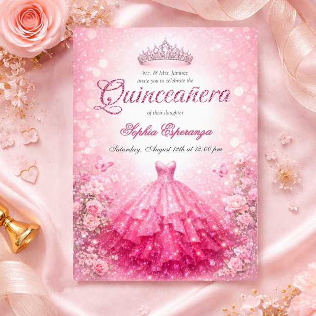 Elegant Pink & Fuchsia Quinceanera Einladung (Von Creator hochgeladen)
