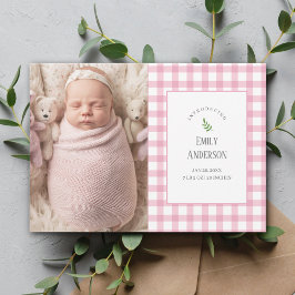 Elegant Pink Gingham Baby Girl 2 Foto Birth Ankündigung