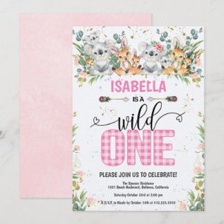 Elegant Pink Gingham Safari Wild 1. Geburtstag Einladung