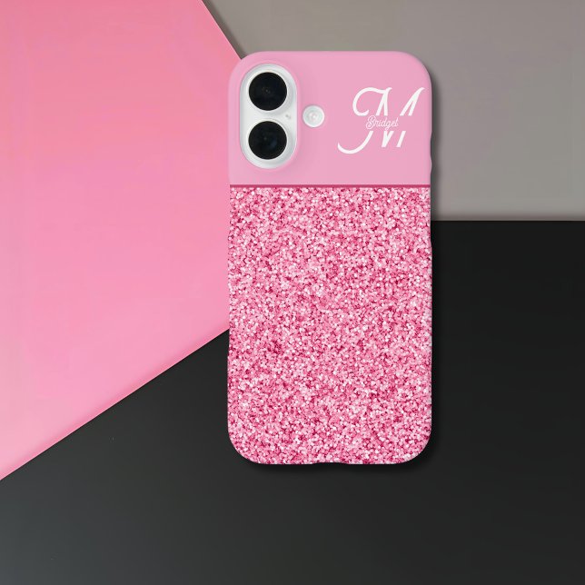 Elegant Pink Glitter Monogram with Name Script Case-Mate iPhone Hülle (Von Creator hochgeladen)