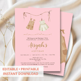 Elegant Pink & Gold Baby Girl Aqiqah Invitation Einladung