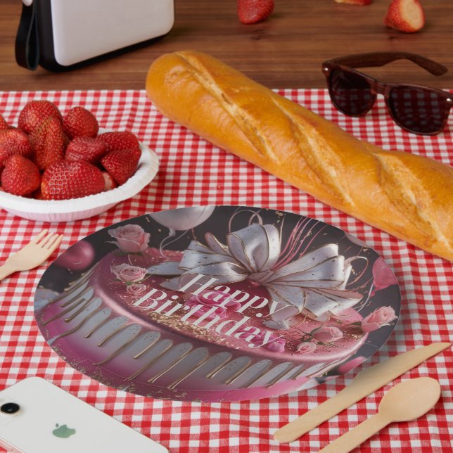 Elegant Pink & Gold Birthday Cake Design Pappteller (Picknick)