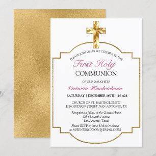 Elegant Pink Gold Cross First Holy Communion  Einladung
