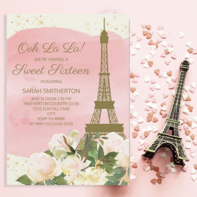 Elegant Pink Gold Eiffelturm Paris Sweet 16 Einladung (Ooh La La! Paris/Eiffel Tower Sweet 16 invitation)