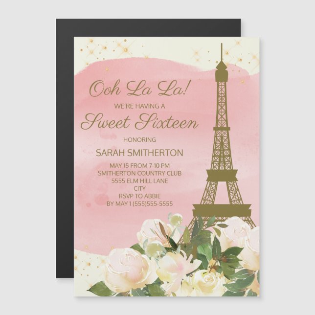 Elegant Pink Gold Eiffelturm Paris Sweet 16 Magnetkarte (Vorne/Hinten)