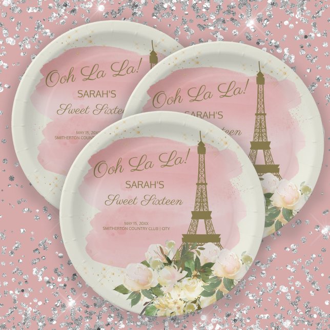 Elegant Pink Gold Eiffelturm Paris Sweet 16 Pappteller (Von Creator hochgeladen)