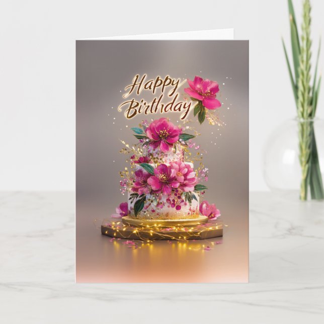 Elegant Pink & Gold Floral Birthday Cake Karte (Vorderseite)