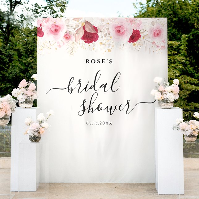 Elegant Pink Gold Floral Bridal Shower Backdrop Wandteppich (Von Creator hochgeladen)