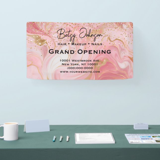 Elegant Pink & Gold Glitter Marbled Business Sign Banner (Messe)