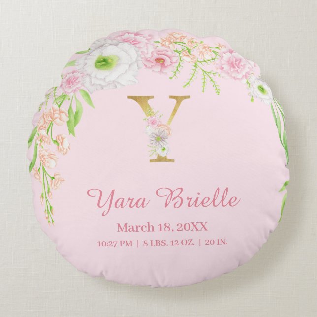 Elegant Pink Gold Monogram "Y" Baby Girl Stats Rundes Kissen (Vorderseite)