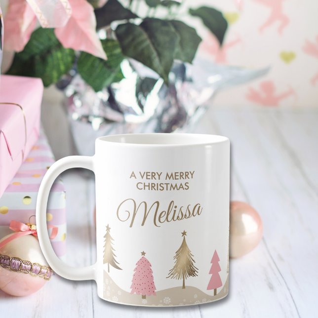 Elegant Pink Gold Pine Tree Frohe Weihnachten Kaffeetasse (Von Creator hochgeladen)