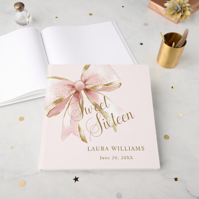 Elegant Pink & Gold Sweet Sixteen Birthday Gästebuch (Vorderseite offen)