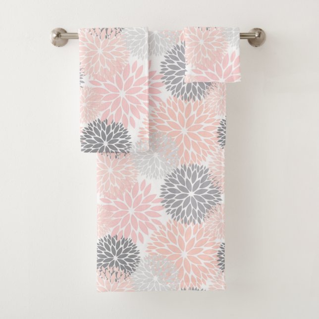Elegant Pink Gray Dahlia Floral Badhandtuch Set (Insitu)