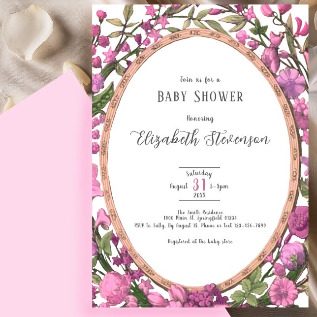 Elegant Pink Green Botanical Floral Baby Shower  Einladung (Von Creator hochgeladen)