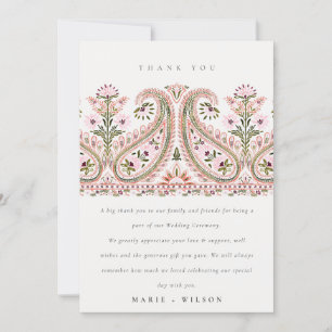 Elegant Pink Green Floral Paisley Motif Wedding Dankeskarte