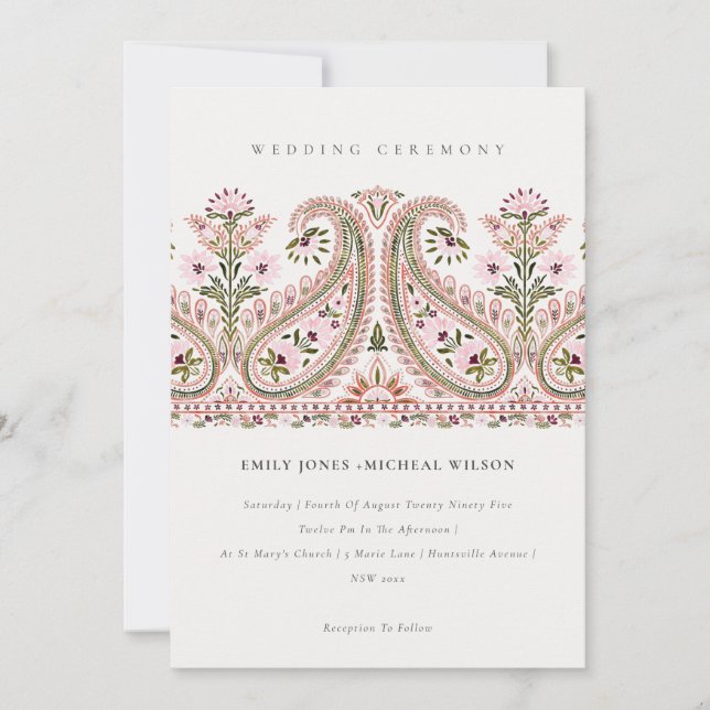 Elegant Pink Green Floral Paisley Motif Wedding Einladung (Vorderseite)
