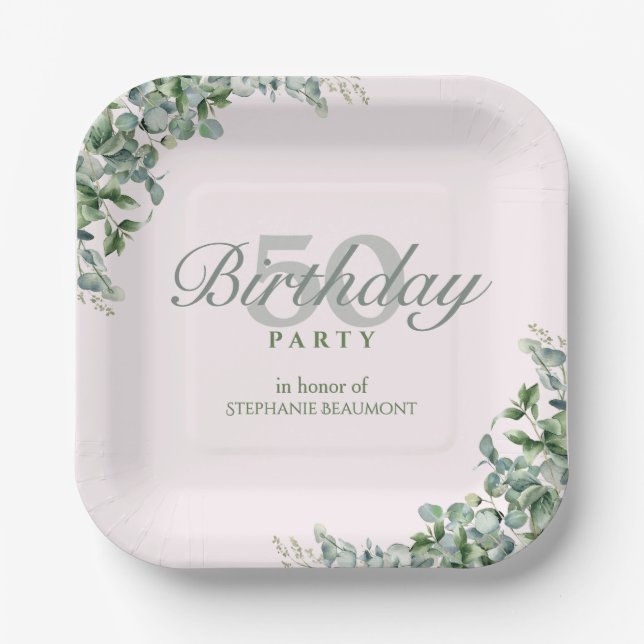 Elegant Pink Green Flower Women's 50th Birthday  Pappteller (Vorderseite)