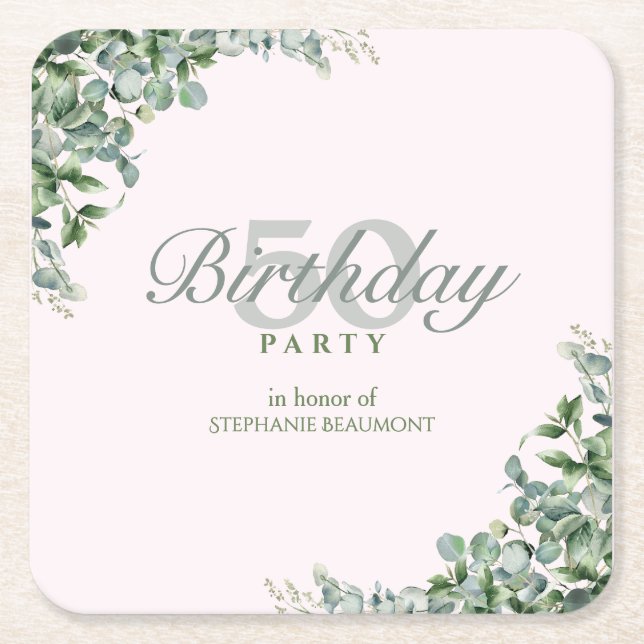 Elegant Pink Green Flower Women's 50th Birthday  Rechteckiger Pappuntersetzer (Vorderseite)