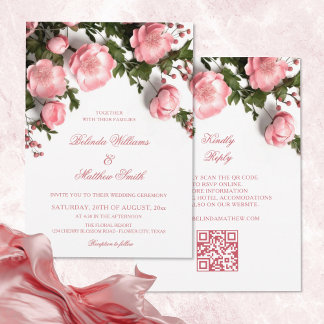 Elegant Pink Greenery 3D Roses Wedding Einladung