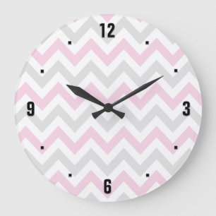 Elegant Pink, Grey and White Chevron Pattern Große Wanduhr