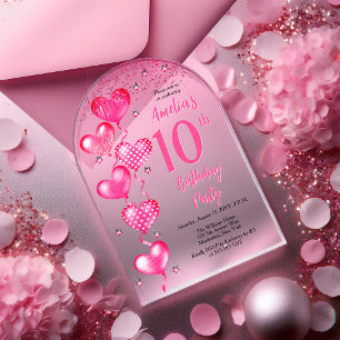 Elegant Pink Heart Balloons 10. Geburtstagsparty Acryleinladungen