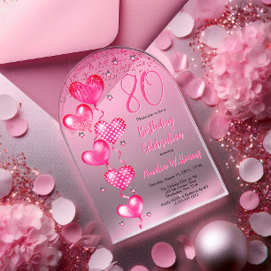 Elegant Pink Heart Balloons 80. Geburtstagsparty Acryleinladungen