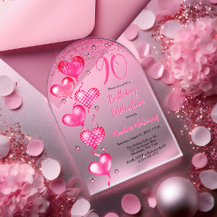 Elegant Pink Heart Balloons 90. Geburtstagsparty Acryleinladungen