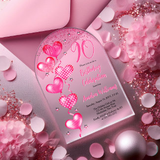 Elegant Pink Heart Balloons 90. Geburtstagsparty Acryleinladungen