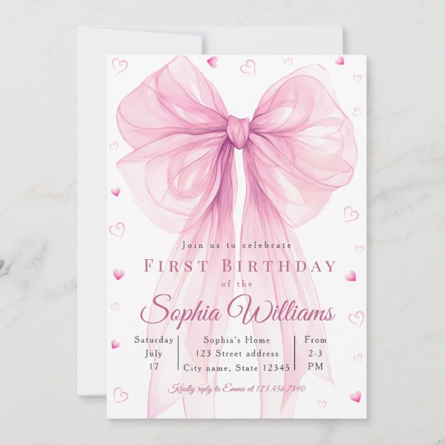Elegant Pink Heart Bow Baby Shower Invitation Einladung (Vorderseite)