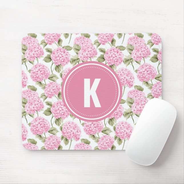 Elegant Pink Hydragea Flowers Pattern Monogram Mousepad (Mit Mouse)