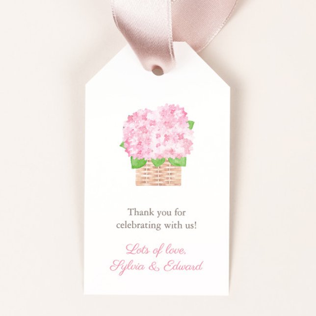 Elegant Pink Hydrangea Al Fresco Brautparty Geschenkanhänger (Pretty pink hydrangea in wicker basket baby shower favor tags)