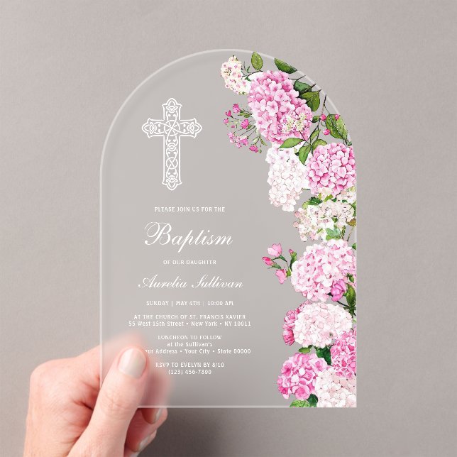 Elegant Pink Hydrangea Arch Baptism Acryleinladungen (Insitu (Handheld))