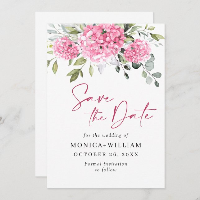 Elegant Pink Hydrangea Blumenhochzeit Save The Date (Vorne/Hinten)