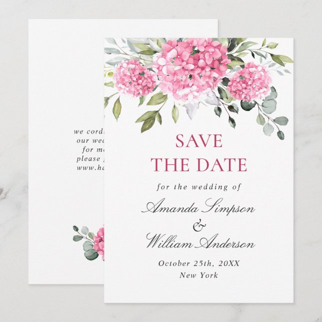 Elegant Pink Hydrangea Blumenhochzeit Save The Date (Vorne/Hinten)