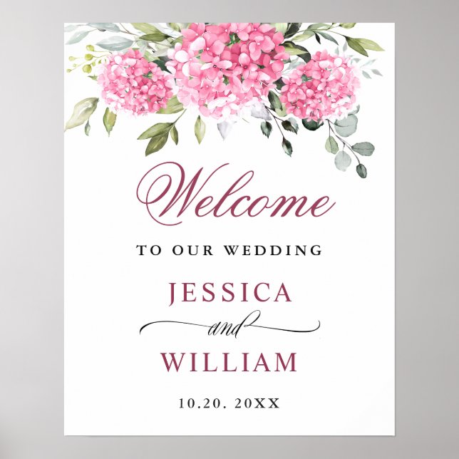 Elegant Pink Hydrangea Eucalyptus Wedding Welcome Poster (Vorne)