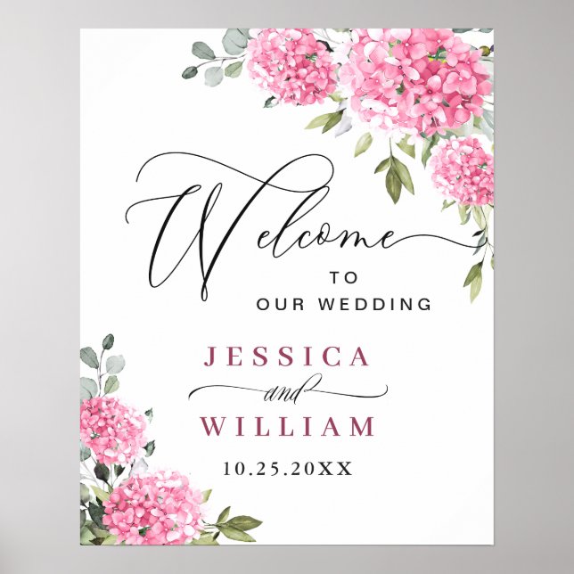 Elegant Pink Hydrangea Eucalyptus Wedding Welcome Poster (Vorne)