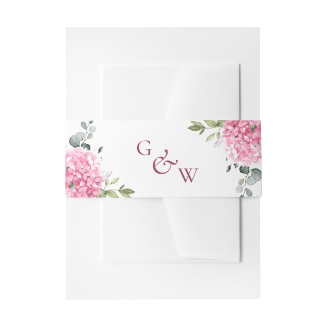 Elegant Pink Hydrangea Eukalyptus Monogram Wedding Einladungsbanderole (Vorderseite Beispiel)