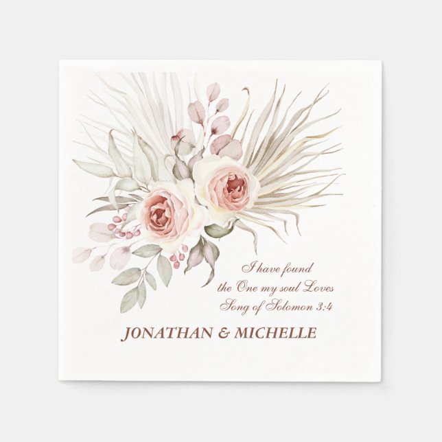 Elegant Pink Ivory Boho Floral Wedding Bible Verse Serviette (Vorderseite)