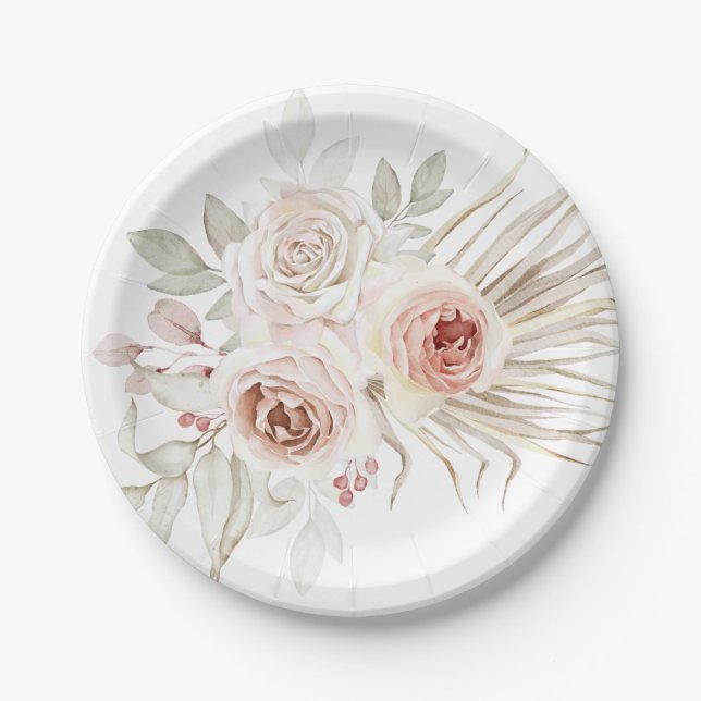 Elegant Pink Ivory Boho Rose Grüne Pappteller (Vorderseite)
