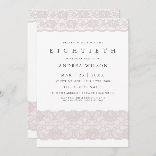 Elegant Pink Lace 80. Geburtstagsparty Einladung (Vorne/Hinten)