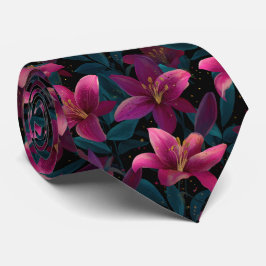Elegant Pink Lily Floral Pattern on Black Krawatte