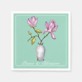 Elegant Pink Magnolia Watercolor in Glass Vase Serviette