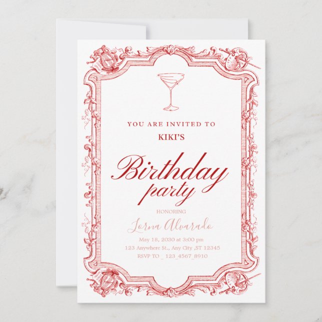 Elegant Pink Martini Chic Adult Birthday Party Einladung (Vorderseite)