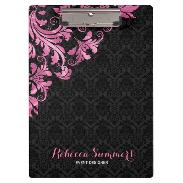 Elegant Pink Metall Lace Black Damasks Klemmbrett (Vorderseite)