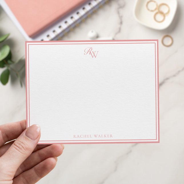 Elegant Pink Monogram Two Border Mitteilungskarte (Von Creator hochgeladen)