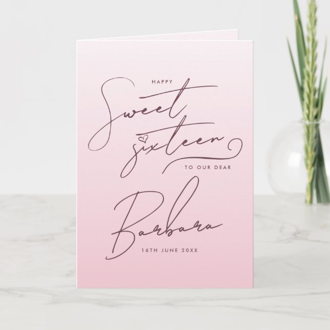 Elegant Pink Ombre Script Sweet Sixteen Birthday Karte (Vorderseite)